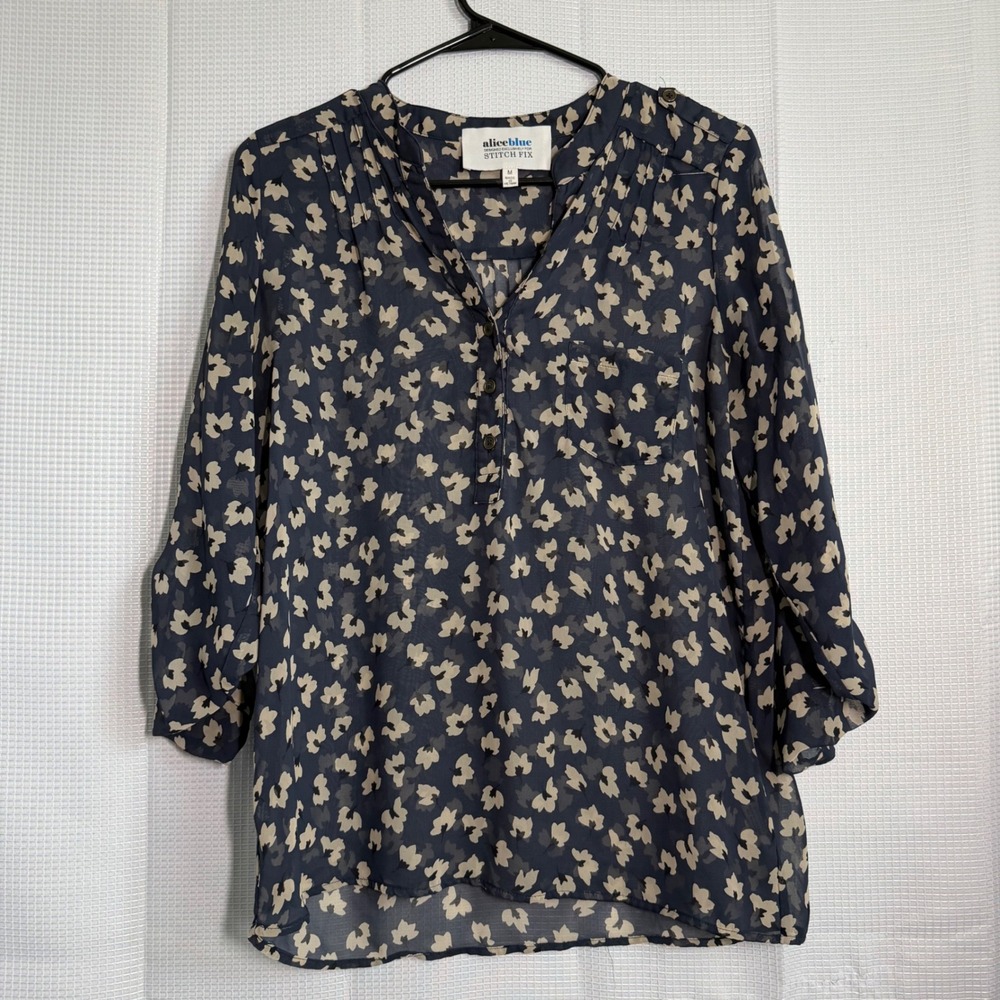 Alice Blue Stitch Fix Floral Chiffon Blouse Roll Tab Sleeve Boho Career Top M